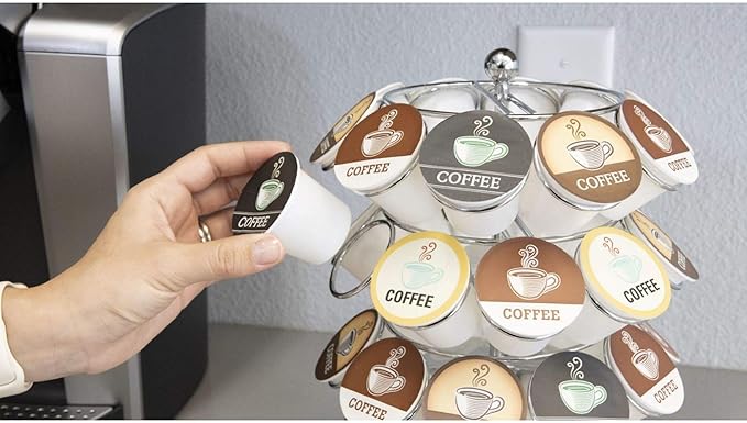 Nifty K Cup Holder – Compatible with K-Cups, Coffee Pod Carousel | 40 K Cup Holder, Spins 360-Degrees, Lazy Susan Platform, Modern Chrome Design, Home or Office Kitchen Counter Organizer