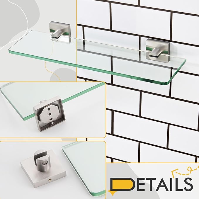 KOKOSIRI Glass Shelf for Bathrooms Wall Mount Floating Shelves 16-Inch for Shower Storage Kitchen Hanging Rack, Brushed Stainless Steel B1107BR-L16