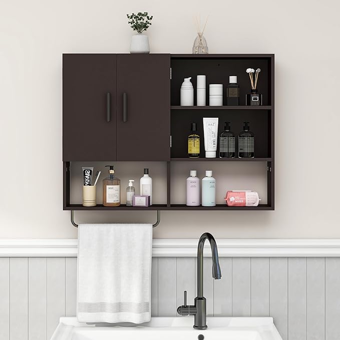 Medicine Cabinet, Wooden Bathroom Wall Cabinet with 2 Doors, Adjustable Shelves & Towel Bar, Over Toilet Storage Cabinet Wall Mounted for Kitchen & Laundry, Espresso