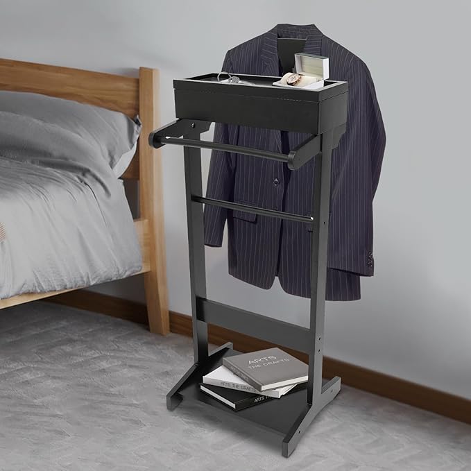 Wooden Suit Stand with Top Tray, Hanging Rod, Shoe Rack, Drawer, and Hanger, Freestanding Clothes Rack for Living Room, Entryway, Bedroom, Office (Black)