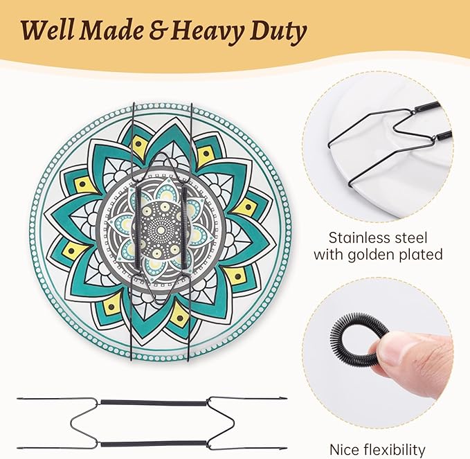 2 Pack Plate Hangers for Wall, Suitable for 10-14 inch Art Plate, Stainless Steel Invisible Heavy-Duty Wire Plate Holder with Wall Hooks, Display Hanger for Decorative Plates/Dishes/Platters(Black)