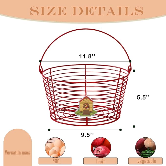 Colorful Metal Mesh Wire Egg Collecting Basket with Handle Portable Garden Vegetable Fruit Storage Lightweight Hanging Collector for Farmhouse Gathering Kitchen Picnic (Red, Large - 12")