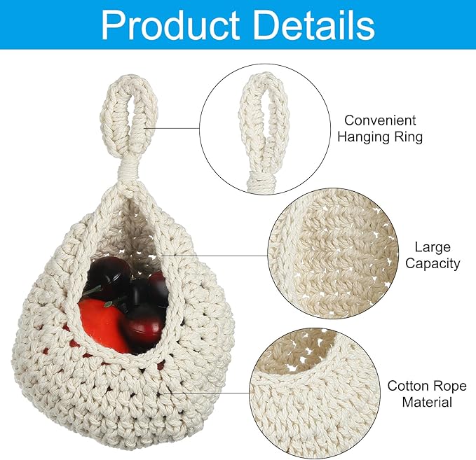 PATIKIL Hanging Fruit Baskets for Kitchen, Mini Size Teardrop Home Decor Storage Hand-Woven Wall Hanging Basket for Garlic Potato Vegetable, Beige