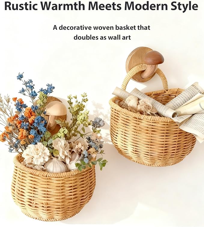 2 Pack Wall Hanging Rattan Baskets, Hand-Woven Storage Basket, Small Wall Hanging Baskets for Kitchen, Washable Decorative Basket, Potato Garlic Onion Storage Baskets