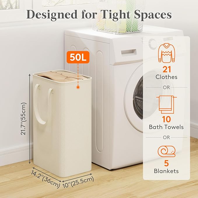 Lifewit 50L Slim Laundry Hamper, Narrow Small Laundry Basket with Handle for Dirty Clothes, Collapsible Tall Thin Laundry Bin for Bathroom Bedroom Dorm College, White