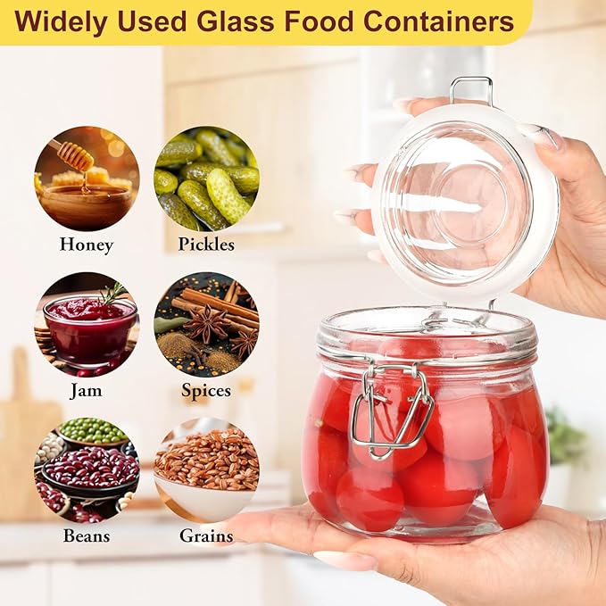 16 oz Glass Jars with Airtight Lids, 6 Pack Wide Mouth Mason Jars with Clamp Lids for Kitchen Canisters, Food Storage Containers for Pickling, Coffee, Spices, Sugar, Herbs