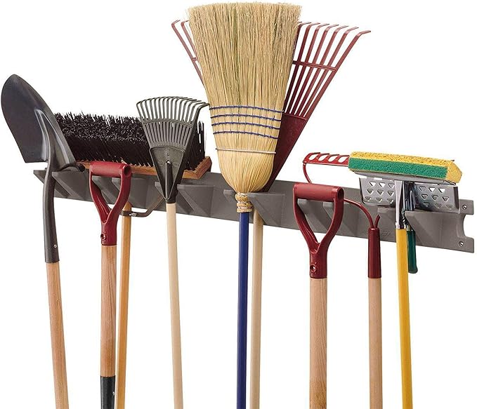 Suncast Wall-Mounted Long-Handled Garden-Tool Hanger, 4-Foot Storage Rack for Rakes, Shovels, and Brooms, Holds 12 Tools, 120 lb Capacity