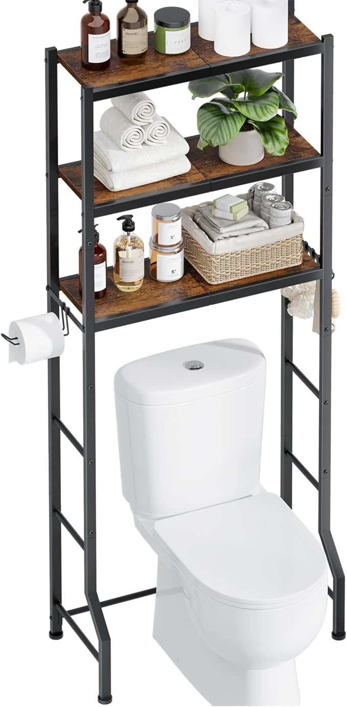 Kitsure Over The Toilet Storage Rack - Freestanding Over The Toilet Storage Cabinet with Paper Holder & Hooks, Bathroom Organizers and Storage, Brown + Black, 3 Tiers (61" H)
