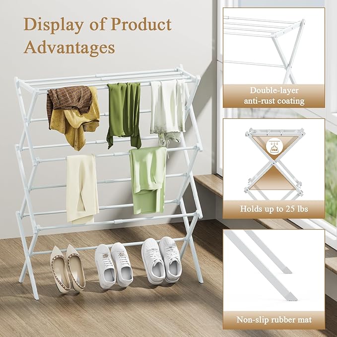 Foldable Drying Rack Clothing, 3-Tier Portable Clothes Drying Racks for Indoor & Outdoor, Anti-rust Compact Laundry Rack Collapsible, Compact Size, 15 lbs Max Load, White 28"D x 10"W x 35"H
