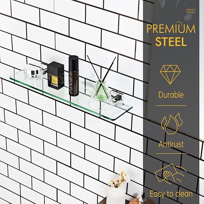KOKOSIRI Bathroom Shelves Wall Mounted 20-Inch Floating Glass Shelf Kitchen Hanging Rack for Shower Storage Decor, Polished Stainless Steel B1107CH-L20