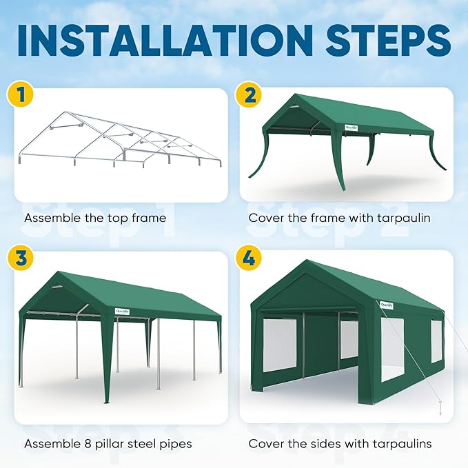 Quictent 10x20 FT Heavy Duty Upgraded Carport, Reinforced Galvanized Outdoor Garage Canopy Tent with Roll-up Ventilated Windows & Sidewalls, Weatherproof Shelter for Car, Boat, RV - Green