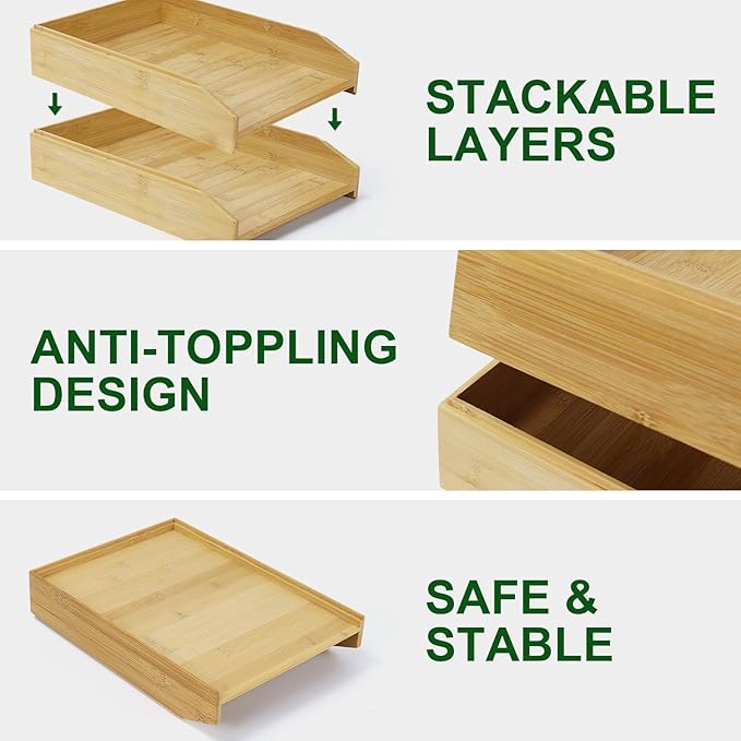 Multibey A4 Bamboo Stackable Paper Tray 2-Pack, 2-Tier Anti-Toppling Desk Organizer, Wooden Letter Document Magazine Tray Desktop File Folder Holder for Office & Home Supplies