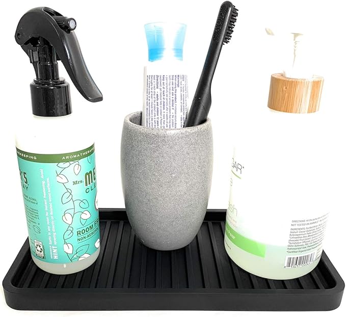 Happitasa Silicone Kitchen Sink Organizer Tray, Sponge Holder and Countertop Protector | Bathroom and Kitchen Soap Dish and Dispenser Tray (Black, 10"x5.25")