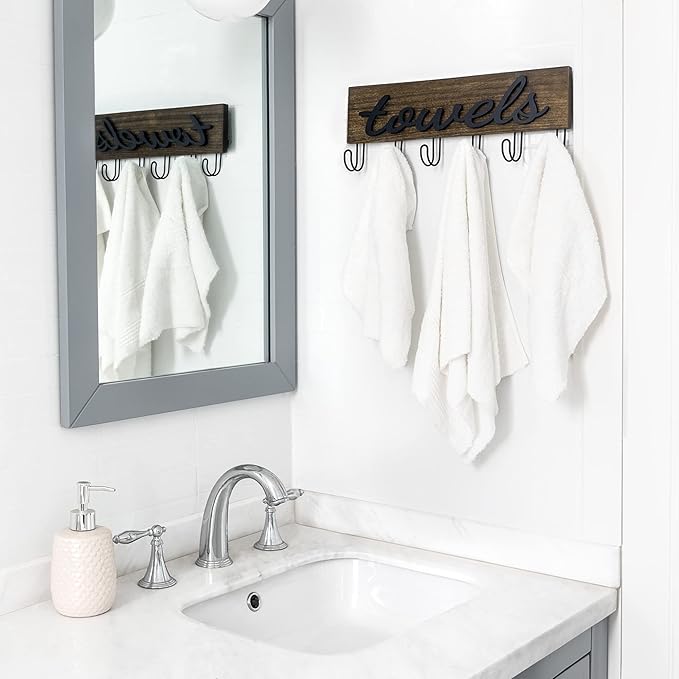 Mkono Towel Holder Wall Mounted Towel Rack Bathroom Decor Rustic Wood Towel Hooks to Hang Towels Bathroom Robe Coat Clothing, Bath Towel Hanger Storage Home Decor Organizer, Medium