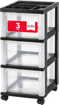 IRIS USA Plastic Drawer Storage Organizer Rolling Cart, with Wheels Casters, 3-Drawers, for Classroom Art Craft Supplies Dresser Closet Bathroom Laundry Room, Black/Clear