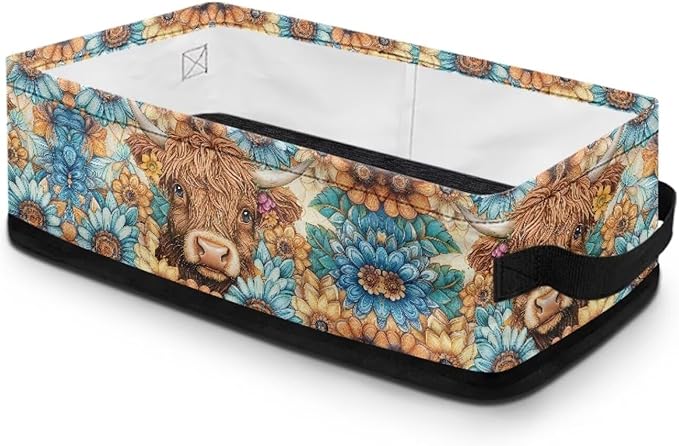 Toilet Tank Topper Paper Baskets Narrow Rectangular Storage Bins Decorative Countertop Long Basket Bins Compact Storage Box for Organizing Closet Shelf, Highland Cow Boho Flower
