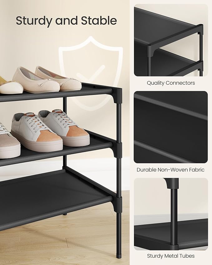 SONGMICS Shoe Rack, 2-Tier Shoe Storage Organizer, Space-Saving, 11.7 x 16.5 x 12.2 Inches, Entryway, Metal Frame, Non-Woven Fabric Shelves, Ink Black ULSH012BH01