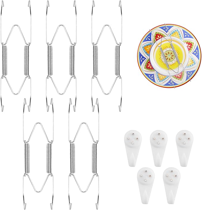 5 Pack Plate Hangers for Wall, Suitable for 8-10 inch Art Plate, Stainless Steel Invisible Heavy-Duty Wire Plate Holder with Wall Hooks, Display Hanger for Decorative Plates/Dishes/Platters(Silver)