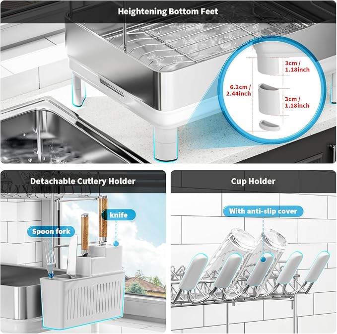 Ewaiira Dish Drying Rack, 304 Stainless Steel Dish Racks for Kitchen Counter, Dish Drainers with Automatic Drainage, Utensil Holder & Cups Holder, Space Saving Kitchen Organizer (2-Tier White)
