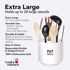 Cooler Kitchen Jumbo XL Rotating White Plastic Utensil Holder Caddy with Sturdy No-Tip Weighted Base, Removable Divider, and Gripped Insert - Dishwasher Safe Kitchen Utensil Holder for Countertop