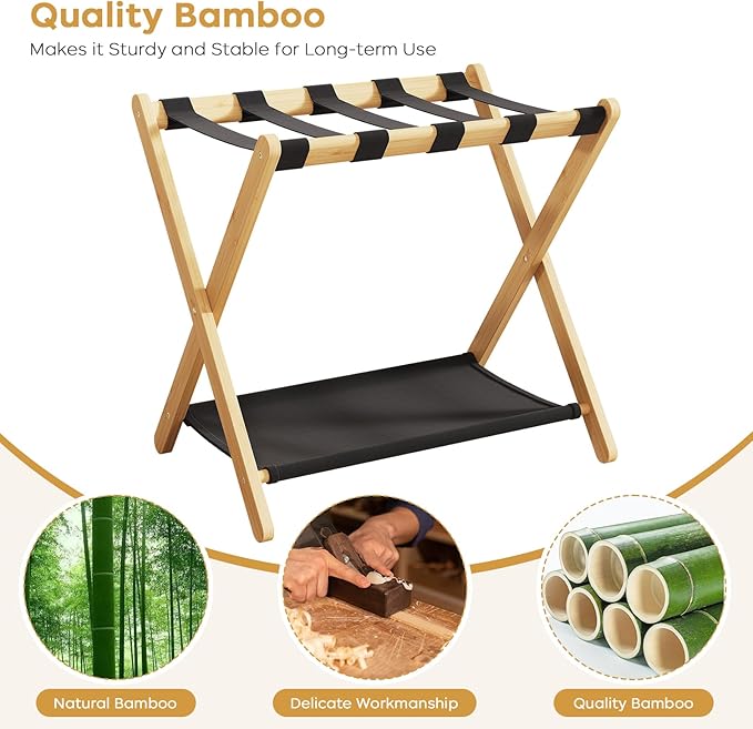 Fully Assembled Luggage Racks Pack of 2, Bamboo Natural Foldable Luggage Rack for Guest Room, Suitcase Stand with Fabric Storage Shelf for Hotel, 5 Nylon Straps, 26.77" W x 16.93" D x 22.5" H