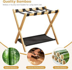 Fully Assembled Luggage Racks Pack of 2, Bamboo Natural Foldable Luggage Rack for Guest Room, Suitcase Stand with Fabric Storage Shelf for Hotel, 5 Nylon Straps, 26.77" W x 16.93" D x 22.5" H
