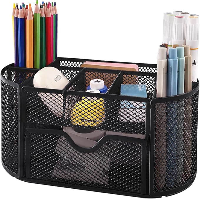 Desk Organizers and Accessories with Pencil Pen Holder Supply 8 Compartments and 1 Pullout Drawer for Home, School, and Office. (Black)