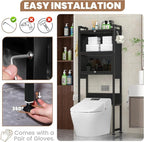 ZZL Over The Toilet Storage Cabinet,3-Tier,Bathroom Toilet Organizer,Waterproof, Cabinet Door Design,Freestanding Space Saver with 4 Hooks for Bathroom,Black