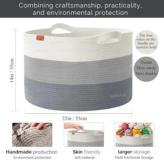 Laundry Basket Cotton Rope Woven for Blankets Storage Basket with Handles for Living Room (Mixed Grey)