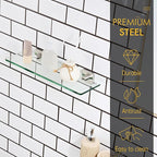 KOKOSIRI Glass Shelf for Bathrooms Wall Mount Floating Shelves 16-Inch for Shower Storage Kitchen Hanging Rack, Brushed Stainless Steel B1107BR-L16