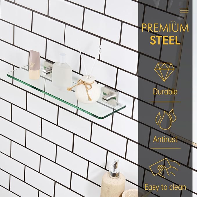 KOKOSIRI Glass Shelf for Bathrooms Wall Mount Floating Shelves 16-Inch for Shower Storage Kitchen Hanging Rack, Brushed Stainless Steel B1107BR-L16
