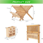 Bamboo Dish Drying Rack-2 Tier, Collapsible Small Dish Rack with Utensil Holder, Wooden Drying Rack for Kitchen Counter, Apartment Essentials Kitchen Plate Holder Organization 34 pcs Grid