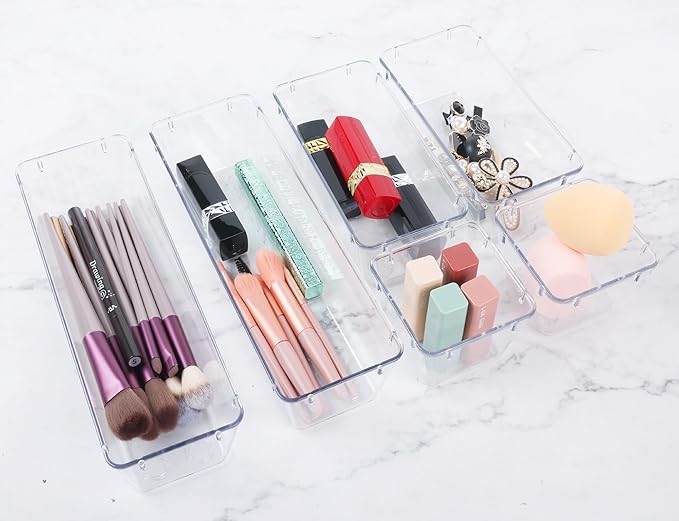 6 Pack Clear Drawer Organizer Set,Desk Drawer Storage Tray,Vanity Organizer Storage Bins Containers