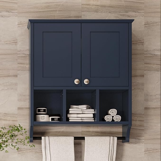Bathroom Wall Cabinet, Wall Mounted with Towel Bar & 6 Shelves - Over Toilet Storage Organizer, 2-Door Medicine Cabinet, Adjustable Bathroom Shelves(Blue)
