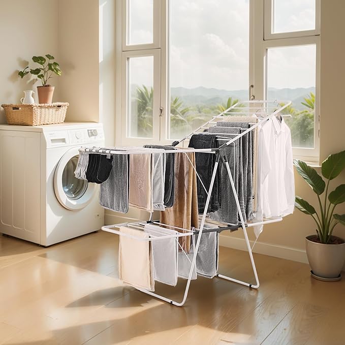 VEVOR Clothes Drying Rack, 2-Tier Foldable Laundry Dryer Rack with Sock Clips & 31 Dry Rods, Metal Height Adjustable Drying Racks for Outdoor & Indoor, Free-Standing & Space-Saving Hanger, White