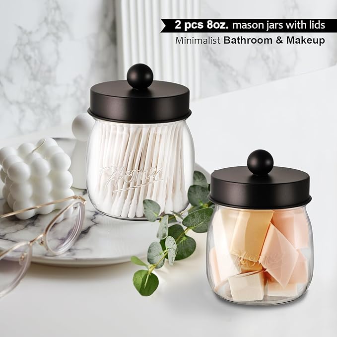 6 Pack Qtip Holder Bathroom Set, SheeChung Plastic Mason Jar Apothecary Jar Set for Bathroom Vanity Storage Organizer, Farmhouse/Home Decor, 12 Labels (Bronze)