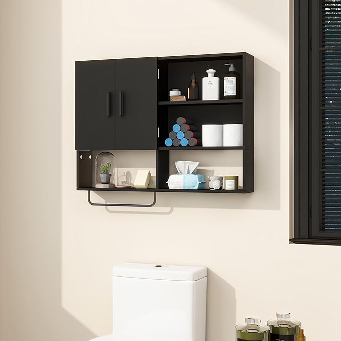 Medicine Cabinet, Wooden Bathroom Wall Cabinet with 2 Doors, Adjustable Shelves & Towel Bar, Over Toilet Storage Cabinet Wall Mounted for Kitchen & Laundry, Black
