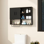Medicine Cabinet, Wooden Bathroom Wall Cabinet with 2 Doors, Adjustable Shelves & Towel Bar, Over Toilet Storage Cabinet Wall Mounted for Kitchen & Laundry, Black