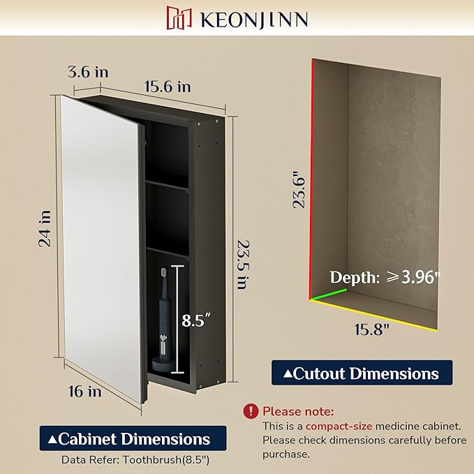 Keonjinn Black Medicine Cabinet for Bathroom with Mirror 16 x 24 Inch, Assembly Required, Lightweight, Tempered Glass, Free Adjustable Shelves, Recessed or Wall Mount, Bathroom Mirrors with Storage