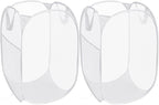 2 Pack Durable Collapsible Laundry Baskets - Reinforced Mesh Pop Up Laundry Hamper with Pocket, Foldable Dirty Clothes Hamper with Carry Handles for Laundry, Bathroom, Kids Room, Dorm or Travel White