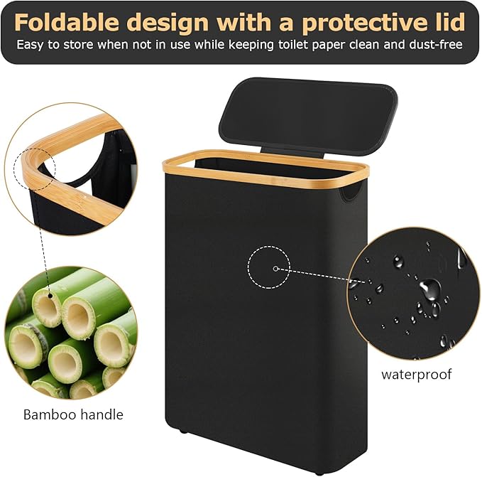 Extra Large Toilet Paper Storage Basket with Lid 49L Slim Toilet Paper Basket Holder Bin Container Organizer for Bathroom Hold up to 20 Regular Rolls or 15 Mega Rolls