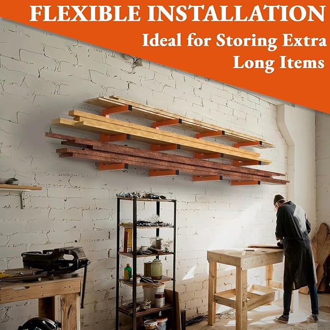 Lumber Storage Rack Wall Mounted, 6-Level Holds Up 1200 Lbs Heavy Duty Wood Organizer, Metal Shelf for Shed, Workshop, Garage - 4pack, Orange