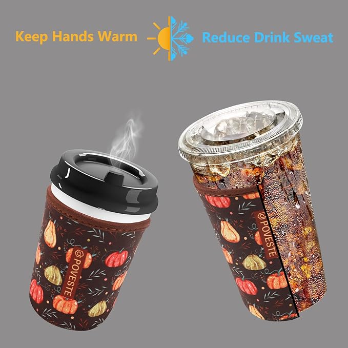 Reusable Neoprene Insulator Sleeve for Iced Coffee & Cold Soda, Coffee Sleeves for Iced & Hot Drinks, Cold Beverage Cooler Compatible with Starbucks, Dunkin (Harvest Pumpkin, Small: 16-18oz)