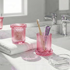2 Pack Qtip Holder - Apothecary Jars with Lids, Bathroom Organizers and Storage Canister for Cotton Balls,Swabs,Floss Picks,Hair Ties,Clear Glass Vintage Bathroom Decor Jar Set (Pink)