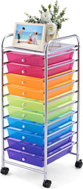 GOFLAME 10-Drawer Rolling Storage Drawer Cart, Utility Cart with Removable Drawers & Metal Frame, Mobile Art Craft Drawer Cart with Lockable Wheels for Home, Office, Studio, School, Rainbow