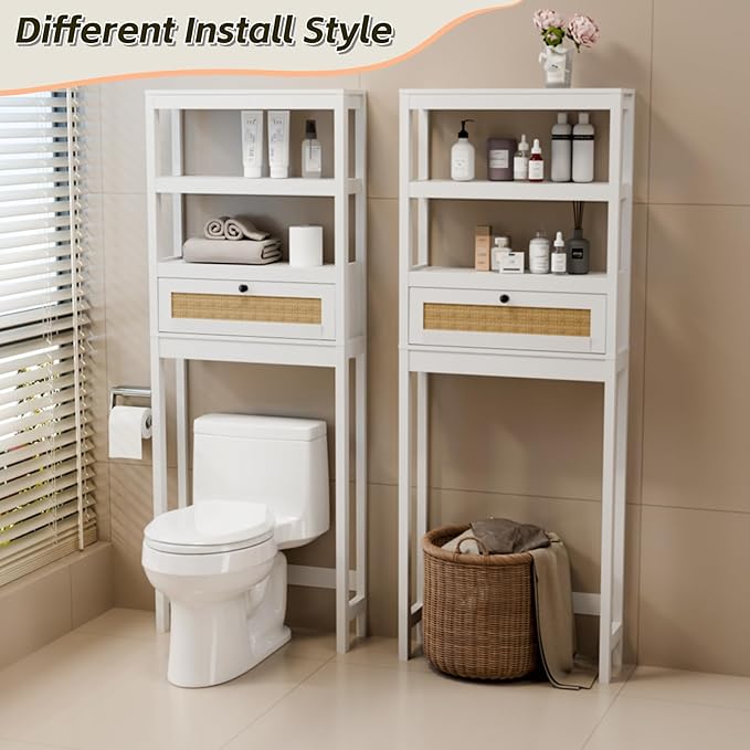 Over The Toilet Storage Cabinet, Behind Toilet Bathroom Organizer with Adjustable Shelves, Above Toilet Organizers with Rattan Door, Space Saver for Restroom, Bathroom, Laundry
