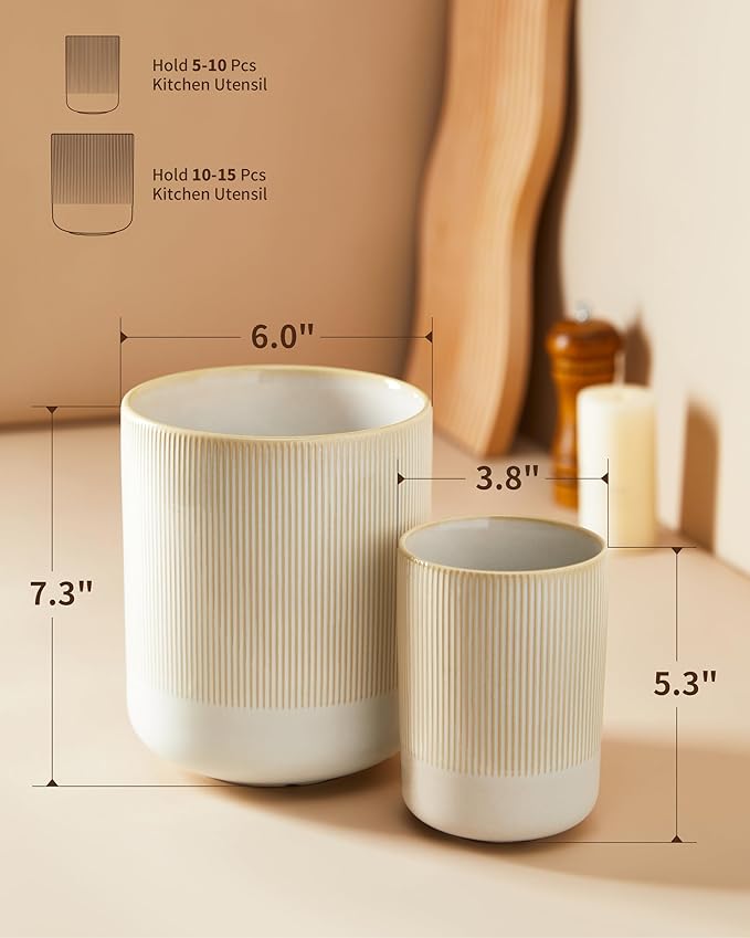 Utensil Holder, 7.3"+5.3" Ceramic Cooking Utensil Holder for Kitchen Counter, Kitchen Utensil Holder for Countertop, Farmhouse Heavy Large Utensil Crock Organizer for Spatulas, Spoons, Beige