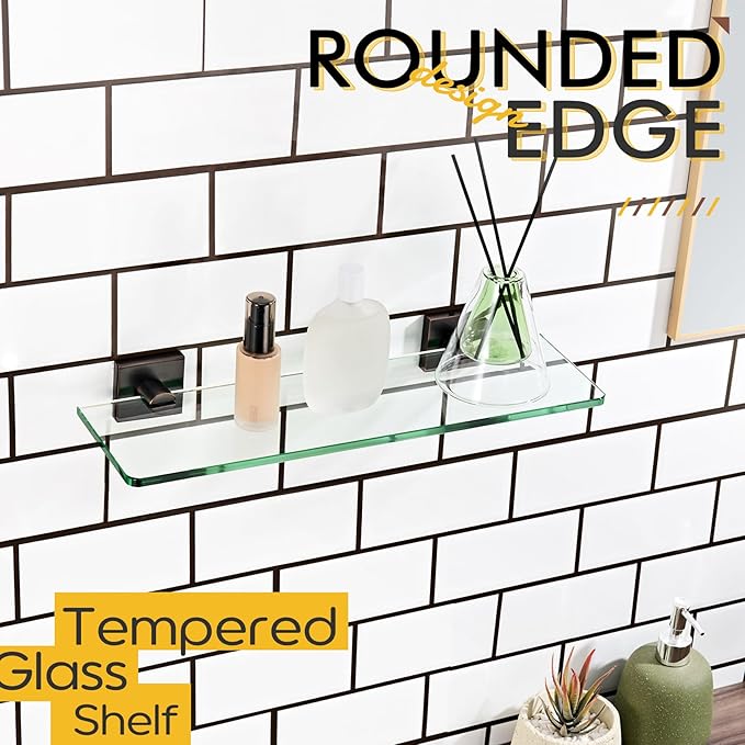 KOKOSIRI Tempered Glass Shelves 16-Inch Bathroom Floating Shelf Kitchen Hanging Rack for Shower Storage, Oil Rubbed Bronze Stainless Steel B1107ORB-L16