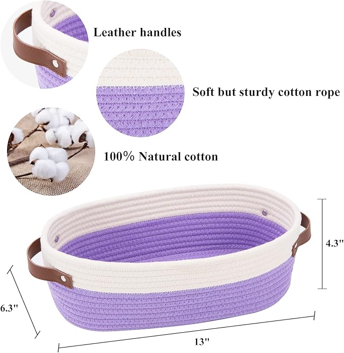 Bathroom Countertop Organizer Basket, Cotton Rope Woven Storage Basket Toilet Paper Decorative Basket for Bathroom, Bedroom, Living Room, Entryway 13"x6.3"x4.3" (Off White/Purple)