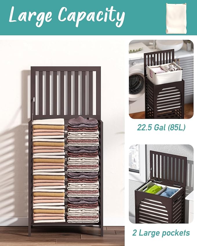 Laundry Hamper, 22.5 Gallon (85L) Bamboo Wood Clothes Laundry Basket with Lid and Handles, Removable Liner (Brown, Large)